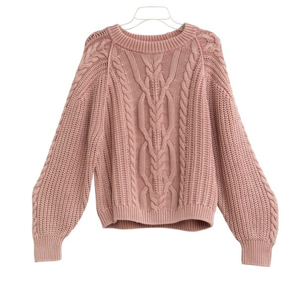 Free People Sweaters - Free People Chunky Cable Knit Balloon Sleeve Sweater‎ Rose Pink Oversized L Boho